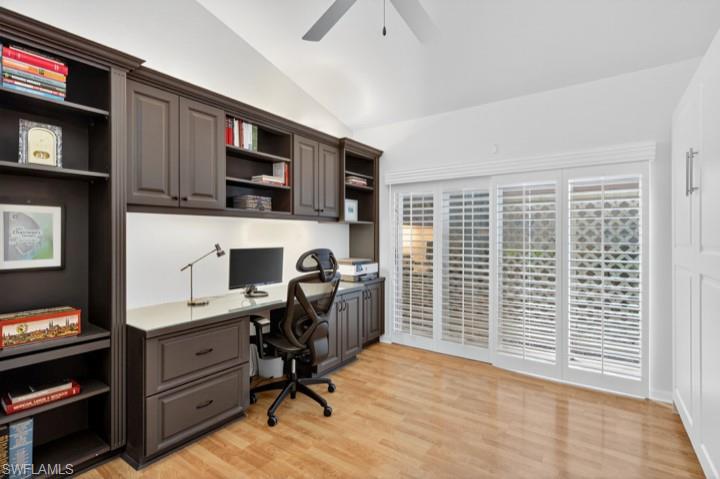43 Grey Wing Point Naples, FL 34113 - Photo 45 of 50 Office with built in desk, light wood finished floors, vaulted ceiling, and ceiling fan