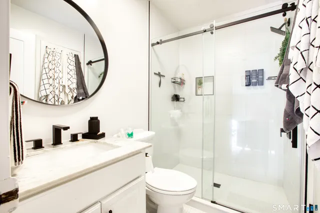 a bathroom with a sink a toilet and a mirror