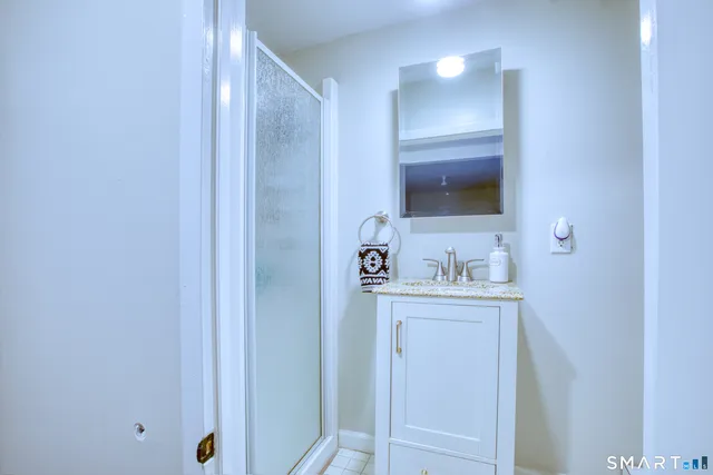 a bathroom with a sink a mirror and a shower