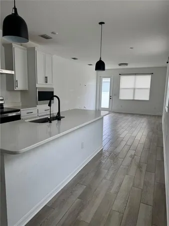 a kitchen with granite countertop a sink a counter space and cabinets