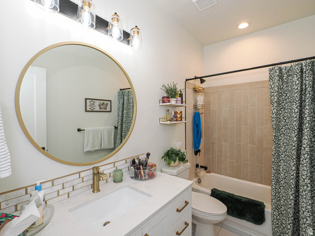 3167 South Mapleton Estates Drive Mapleton, UT 84664 - Photo 29 of 42 Bathroom with vanity, shower / bath combo with shower curtain, and recessed lighting