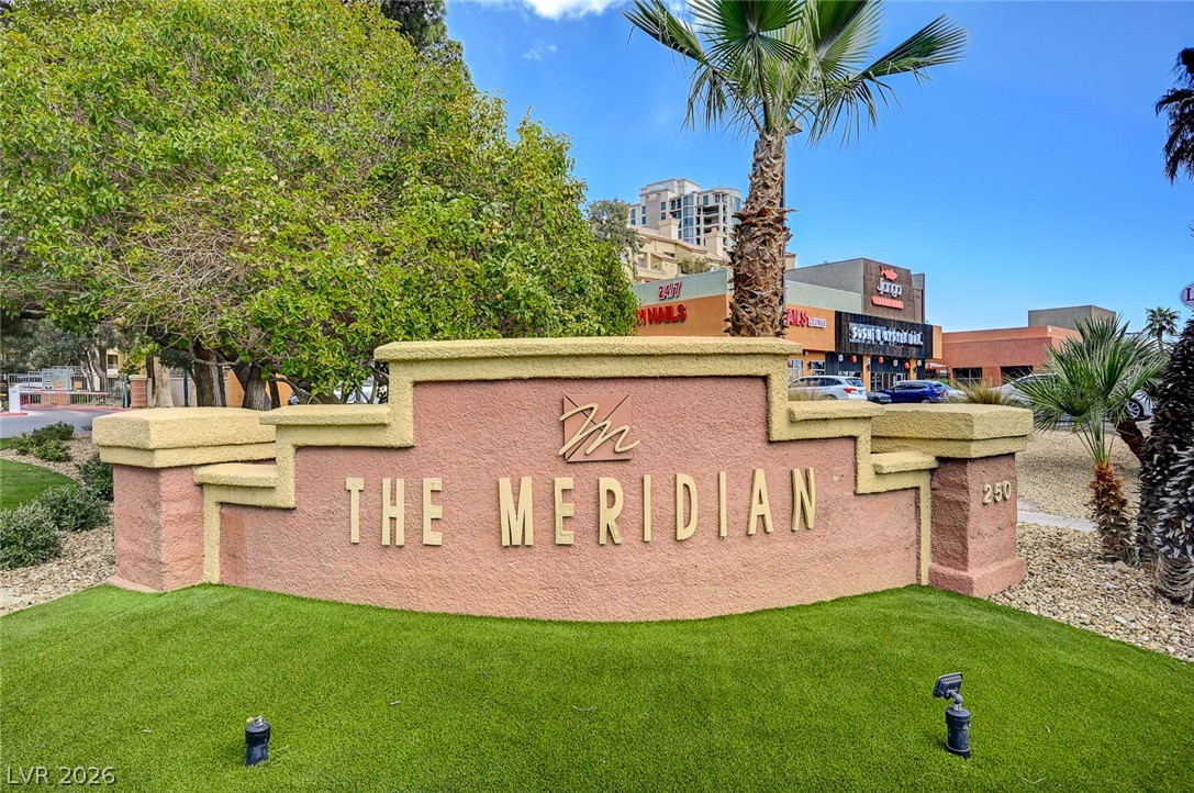 230 East Flamingo Road, Unit 106 Las Vegas, NV 89169 - Photo 36 of 66 An inviting entry monument with lush artificial turf welcomes you to The Meridian community.