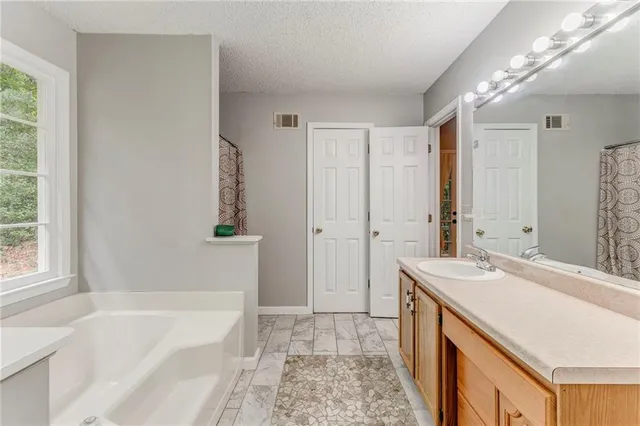 a bathroom with a tub sink and mirror