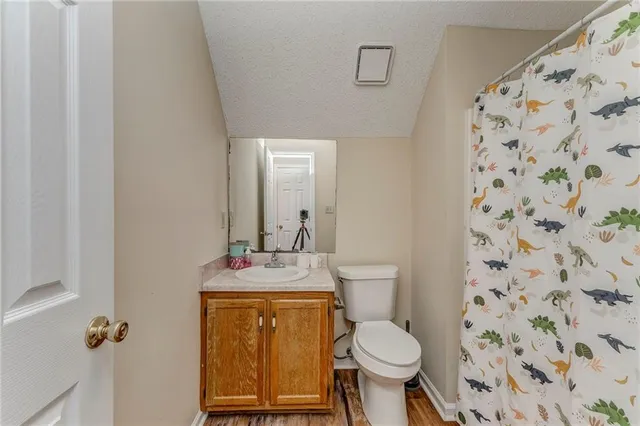 a bathroom with a granite countertop toilet sink and mirror