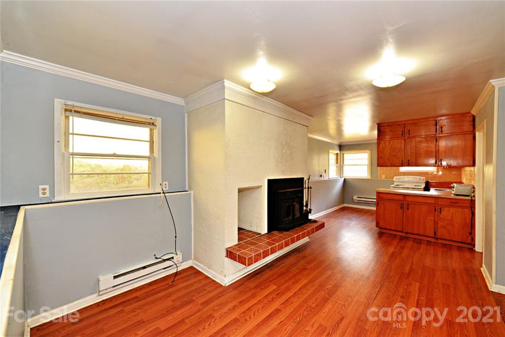 1 Sycamore Street Asheville, NC 28804 - Photo 28 of 46 a kitchen with stainless steel appliances granite countertop a stove a refrigerator a sink dishwasher and a fireplace with wooden floor