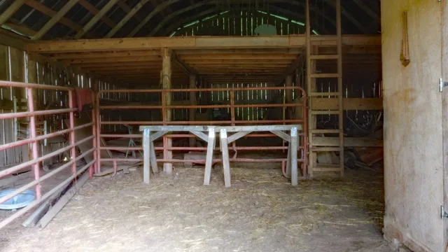 a view of a room with wooden shelves