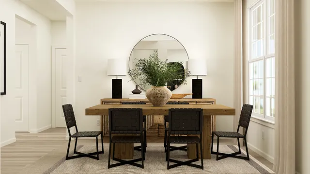 a dining room with furniture and window