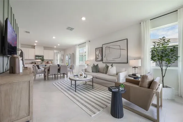 a living room with furniture and a potted plant
