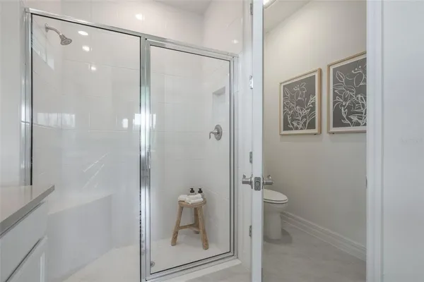 a bathroom with a shower and toilet