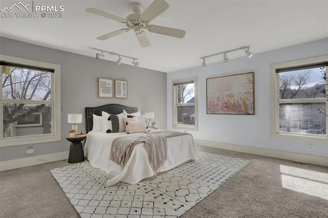 a bedroom with a large bed and a window