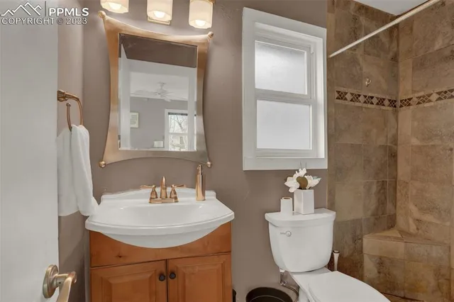 a bathroom with a sink toilet a mirror and shower