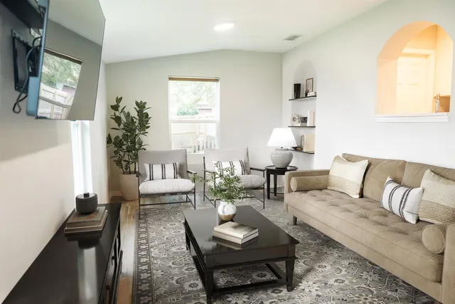 a living room with furniture and a potted plant