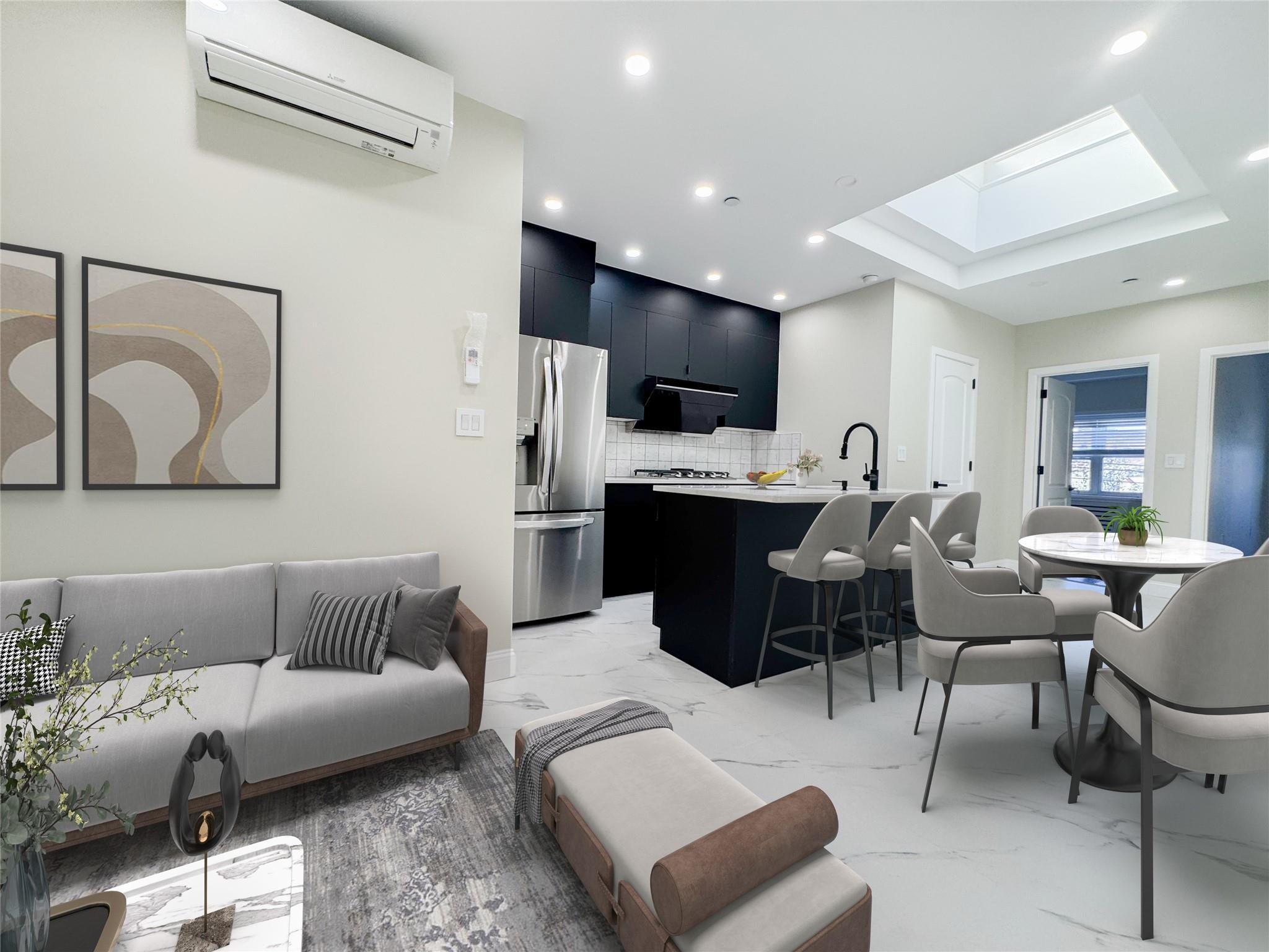 a living room with furniture a flat screen tv and a window