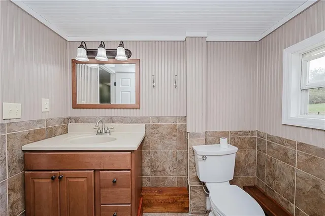 a bathroom with a sink a toilet and mirror