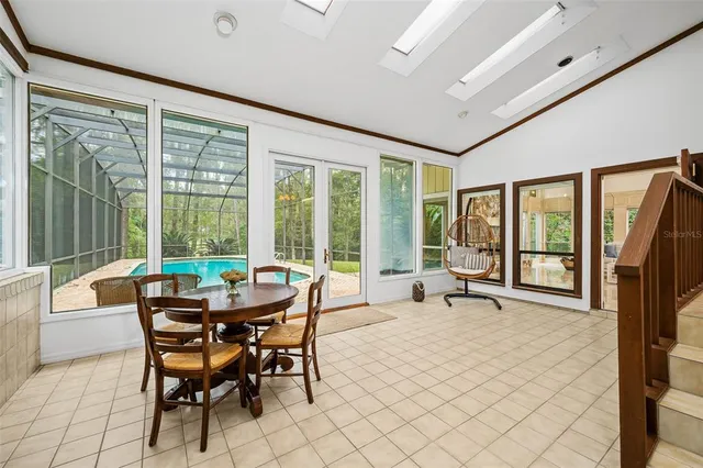 a view of swimming pool from a window