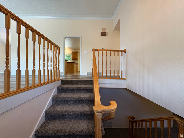 595 Meadowlark Road Orem, UT 84097 - Photo 46 of 87 Carpeted staircase with light wood banister and balusters