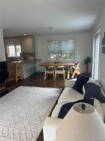 a living room with furniture and a dining table with kitchen view
