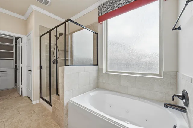 a bathroom with a bathtub and a shower