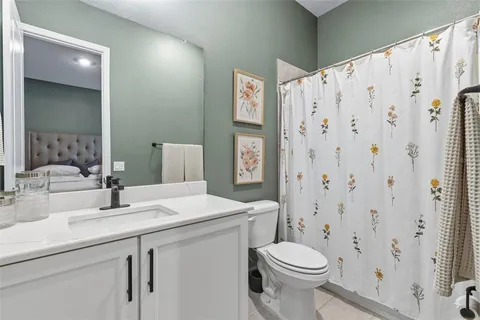 a bathroom with a sink a toilet and shower curtain
