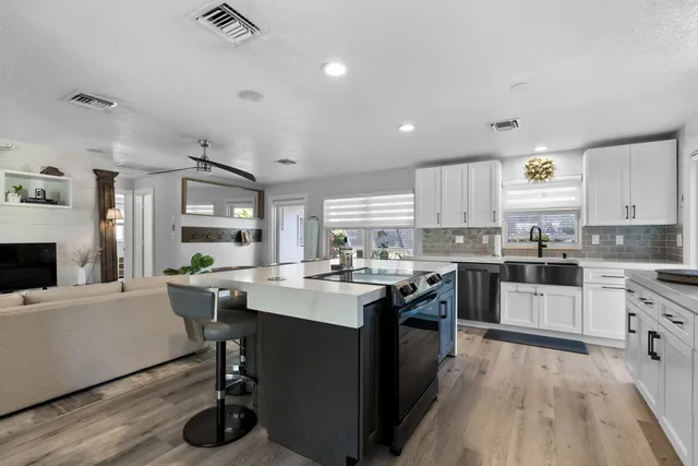 a kitchen with counter space and appliances