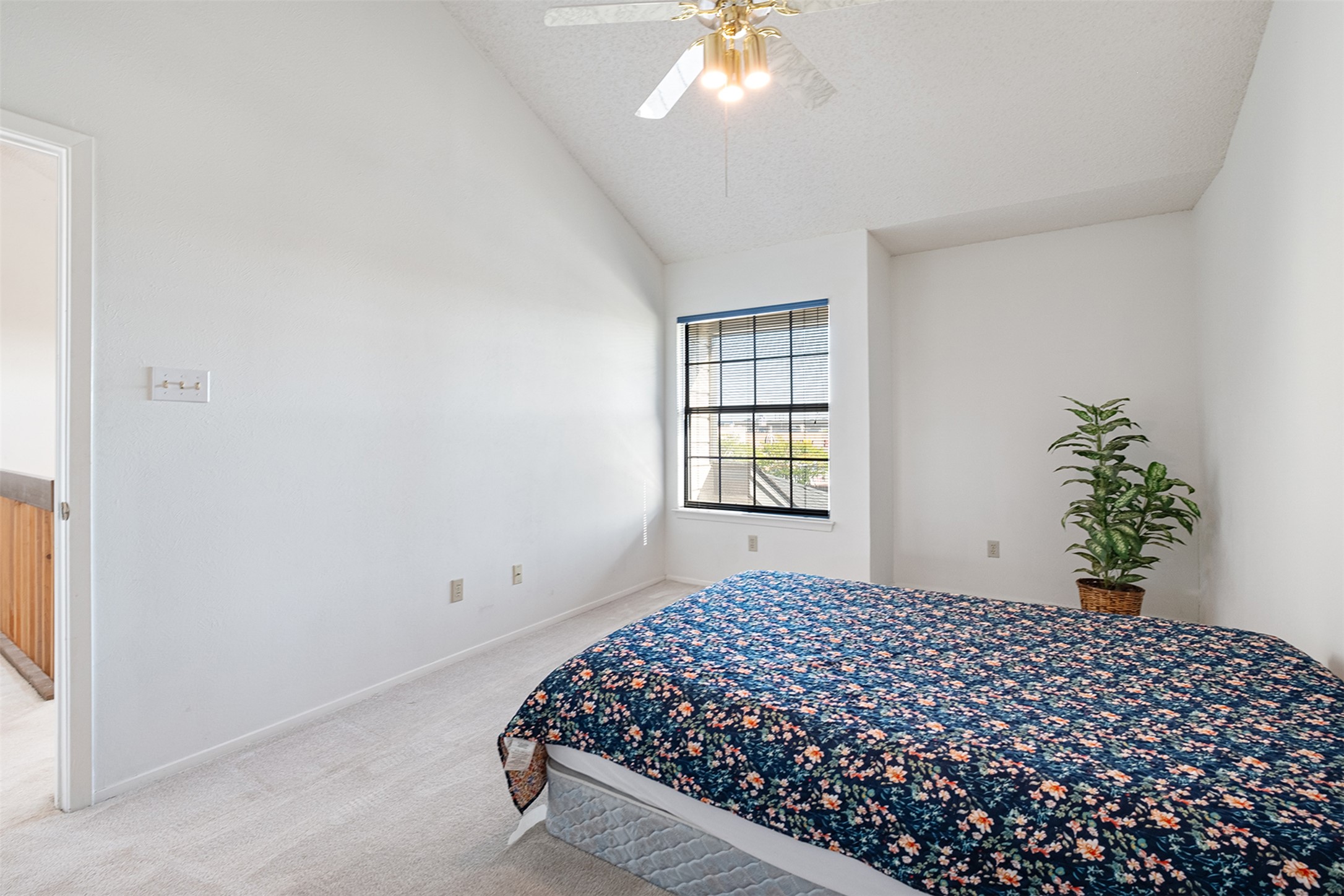 1748 Ohlen Road, Unit 16 Austin, TX 78757 - Photo 27 of 38 Bedroom featuring lofted ceiling, light colored carpet, and a ceiling fan