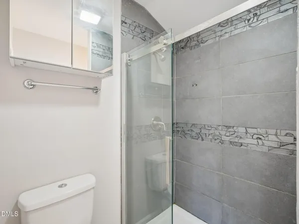 a bathroom with a shower and toilet