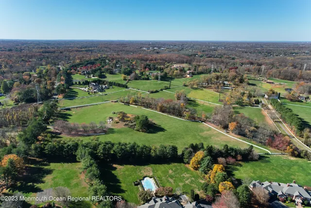 an aerial view of a residential houses with outdoor space and trees