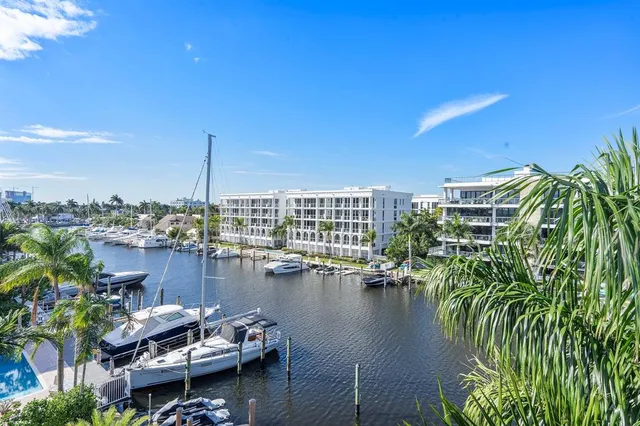 a lake view with boat and palm trees