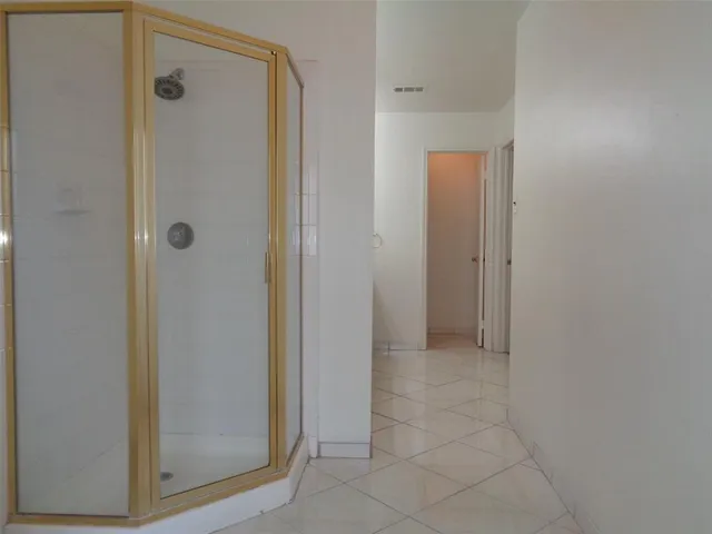a bathroom with a shower and closet