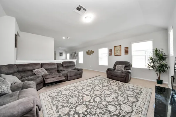 a living room with furniture lamp and a potted plant