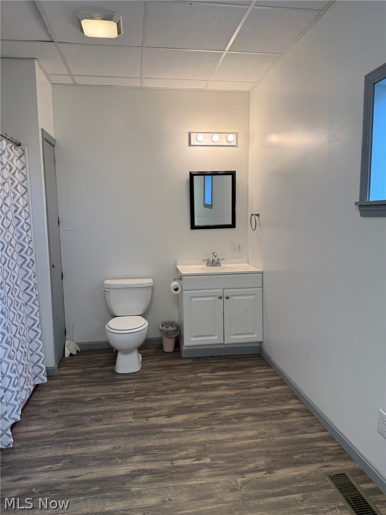 23033 Cadiz Road Freeport, OH 43973 - Photo 13 of 31 Bathroom featuring vanity, a paneled ceiling, dark wood finished floors, and a shower with curtain