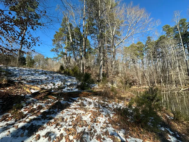a view of a lake with a house in the background
