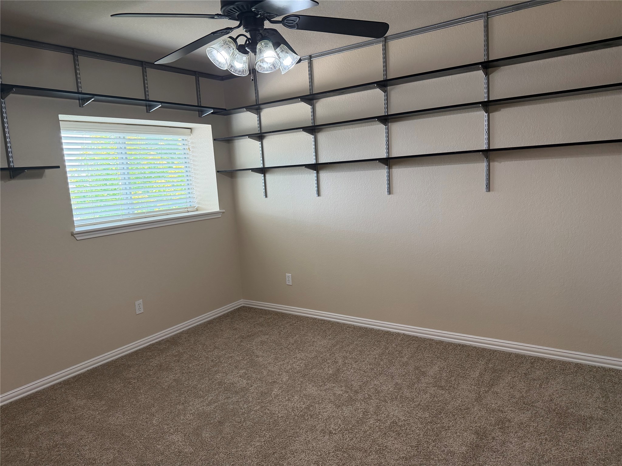 3021 Grand Mission Way Pflugerville, TX 78660 - Photo 30 of 31 An adaptable room featuring custom wall shelving, carpet flooring, and a ceiling fan with integrated lighting.