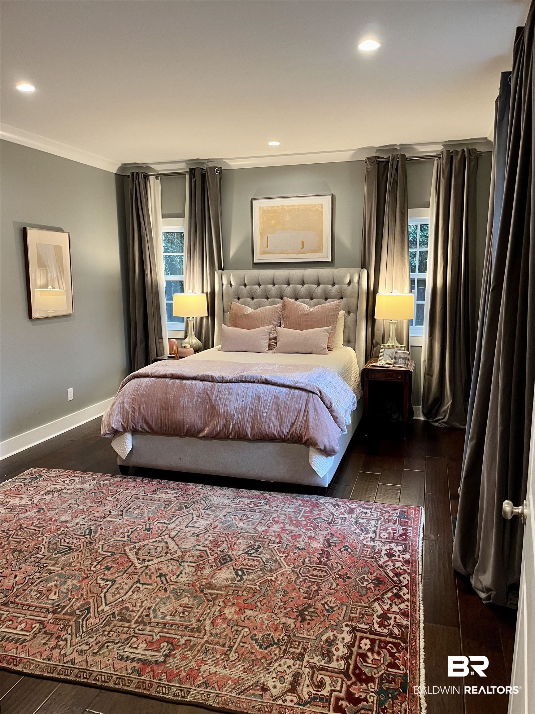 451 Ridgelawn Drive West Mobile, AL 36608 - Photo 13 of 41 Bedroom featuring dark wood finished floors, crown molding, recessed lighting, and baseboards