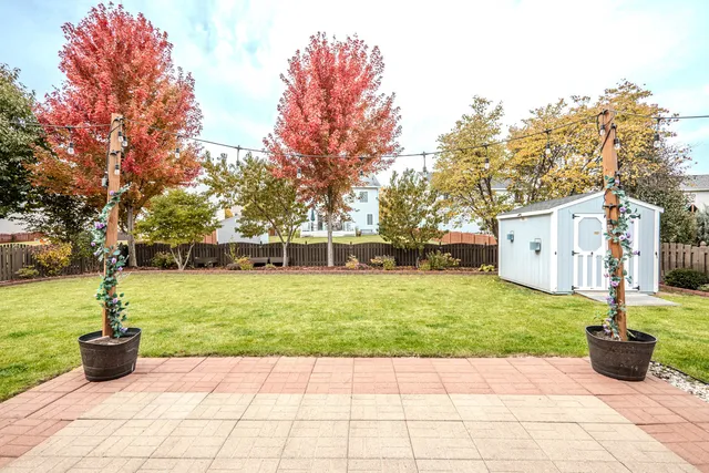 a view of a garden with a slide