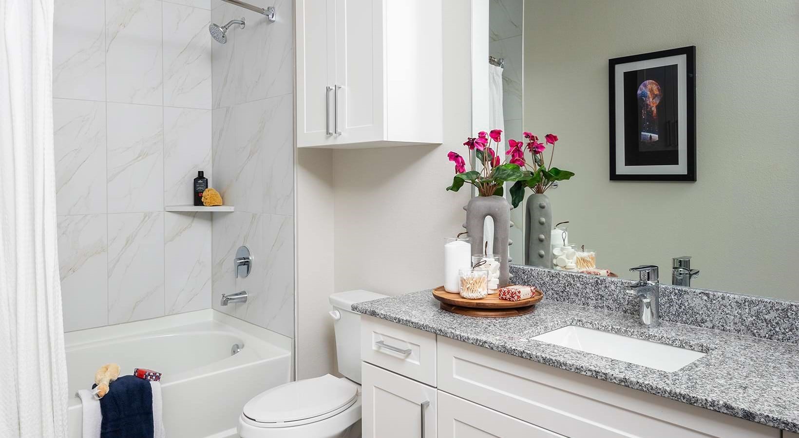 2425 Bell Street, Unit 2423 Houston, TX 77003 - Photo 9 of 30 a bathroom with a granite countertop sink a toilet and bathtub