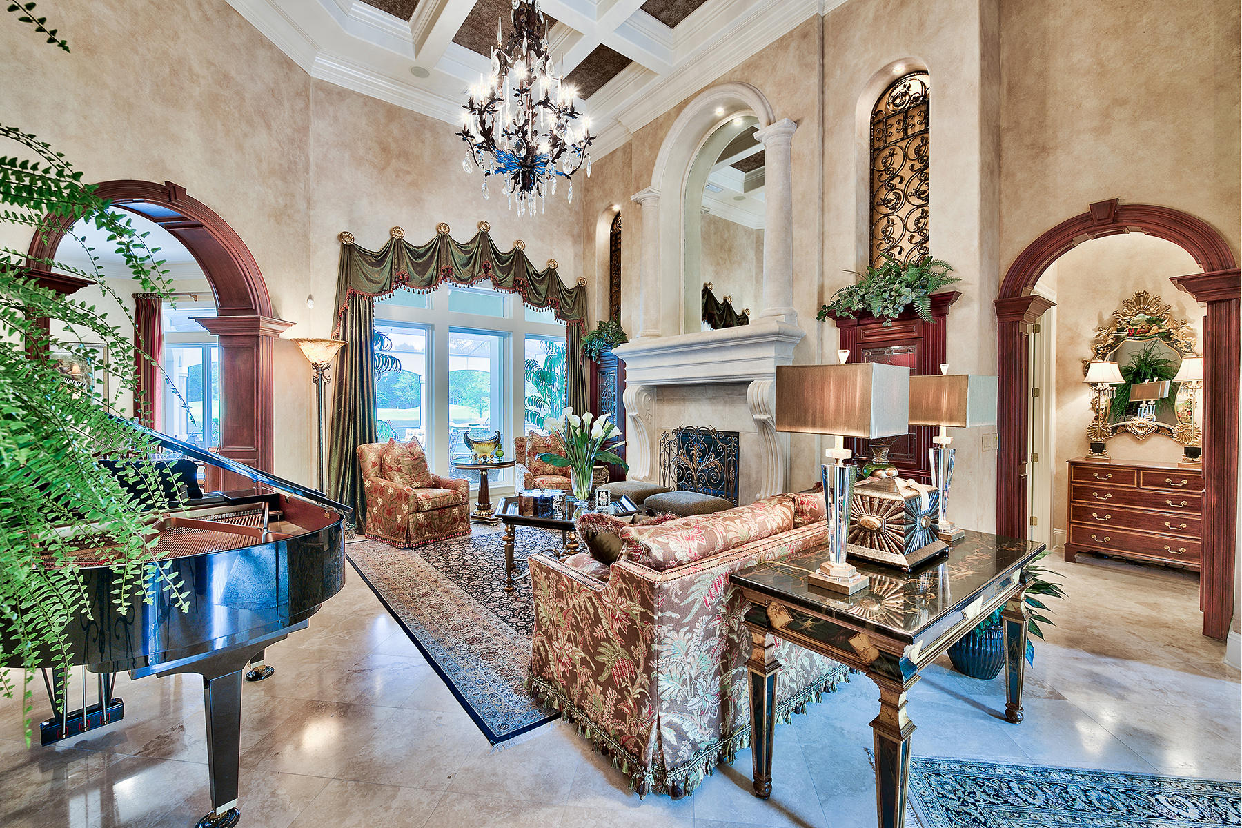 2952 Pine Valley Road Miramar Beach, FL 32550 - Photo 8 of 41 a living room with fireplace furniture and a chandelier