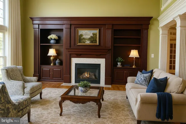 a living room with furniture and a fireplace