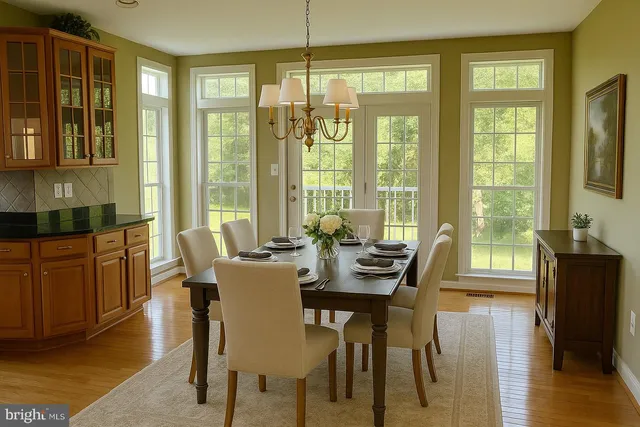 a dining room with furniture window wooden floor