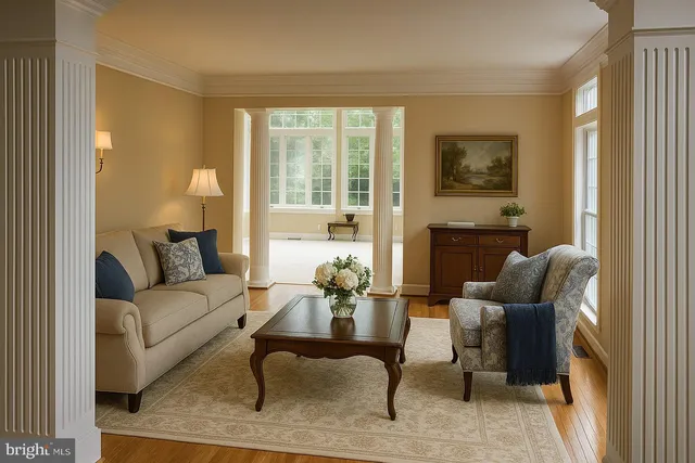 a living room with furniture and a potted plant