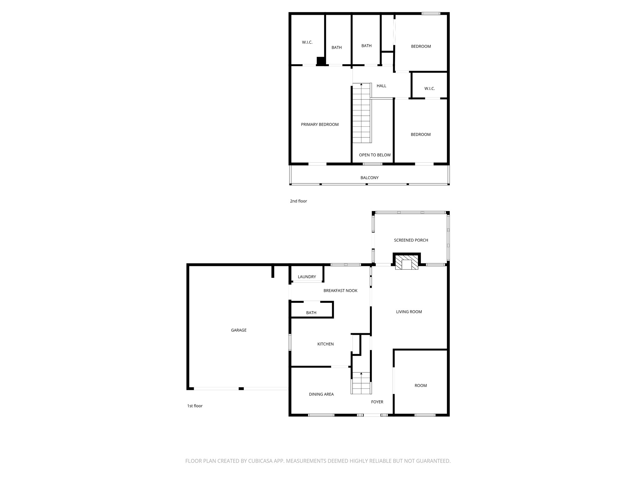 10 East Broken Oak Court Spring, TX 77381 - Photo 47 of 47 This floor plan features a two-story home with a spacious living area. The first floor includes a garage, kitchen with breakfast nook, dining area, living room, a room, bathroom, and screened porch. Upstairs, there are three bedrooms, two bathrooms, a walk-in closet, and a balcony. The primary bedroom has an en-suite bath and walk-in closet.