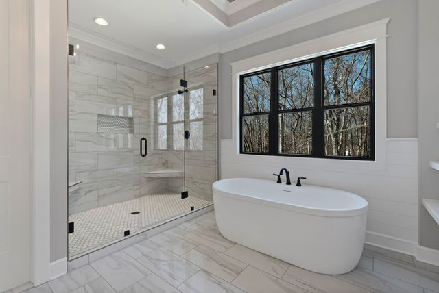 a bathroom with a bathtub and a shower