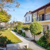a view of a swimming pool with potted plants