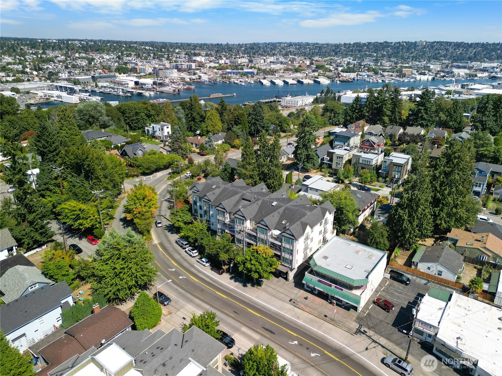 an aerial view of residential houses with city view