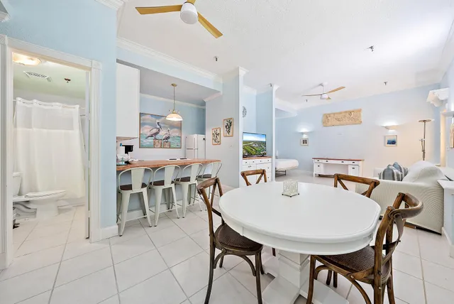 a view of a dining room with furniture