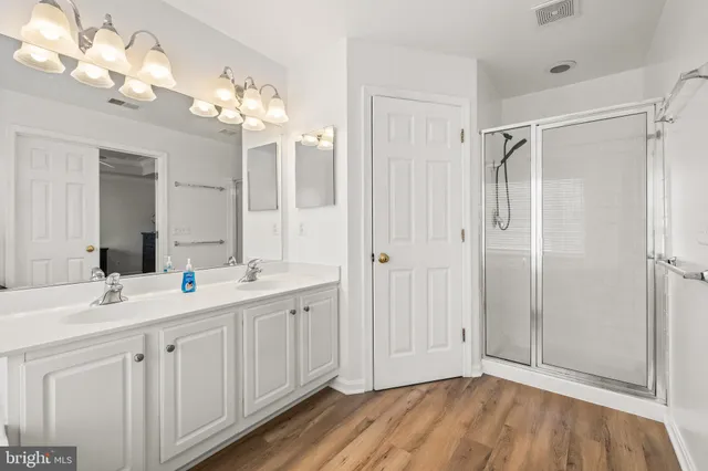a bathroom with a double vanity sink mirror and shower