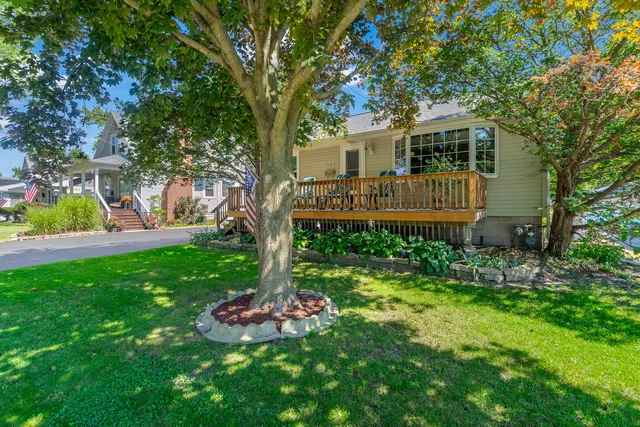 a front view of house with a garden and trees