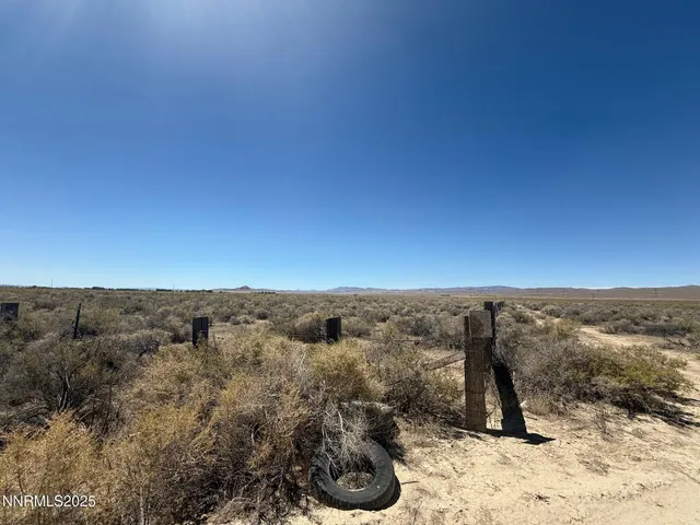 a view of a dry yard with wooden fence