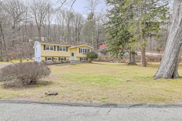 a front view of a house with a yard and trees