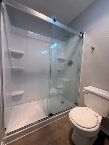 a bathroom with a shower and a toilet